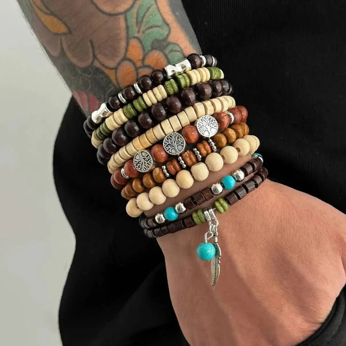 9Pcs/Set Ethnic Feather Tree of Life Pendant Bracelet for Men on Hand Elastic Wooden Beaded Bangles Couple Jewelry Gift