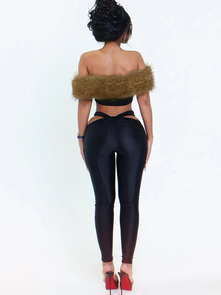 Wild Women 2 Piece Set Hollow Tracksuit Slash Neck Fur Patchwork Tops+High Waist Leggings Matching Hottie Streetwear