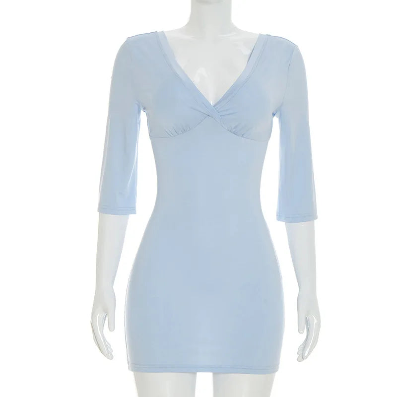 Three Quarter Sleeve V Neck Backless Mini Dresses Casual Blue Summer Dress for Woman Clothes 2026