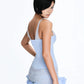 Patchwork Dress Women Bow Decoration v-Neck Ruffles Sleeveless Skinny High Elasticity Sweet Fashion Mini Bodycon