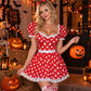 Women Polka Dot Fancy Dress Red Puff Sleeve Lace Edge Mini Dress Back Bow Carnival Party Cosplay Costume