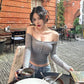 Off Shoulder T Shirt Long Sleeves Top Fashion 2026 Woman Clothes Grey White Tees