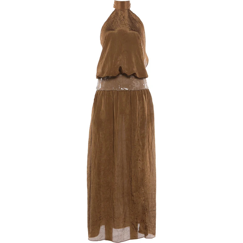 Patchwork Sequin Maxi Dress Women High Side Slit Halter Turtleneck Backless Sleeveless Vacation Summer Chic Vestidos