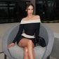 Women 2 Pieces Set Elegant Sexy Fall Outfits Black Patchwork Off Shoulder Long Sleeve Top Mini Skirt Sets