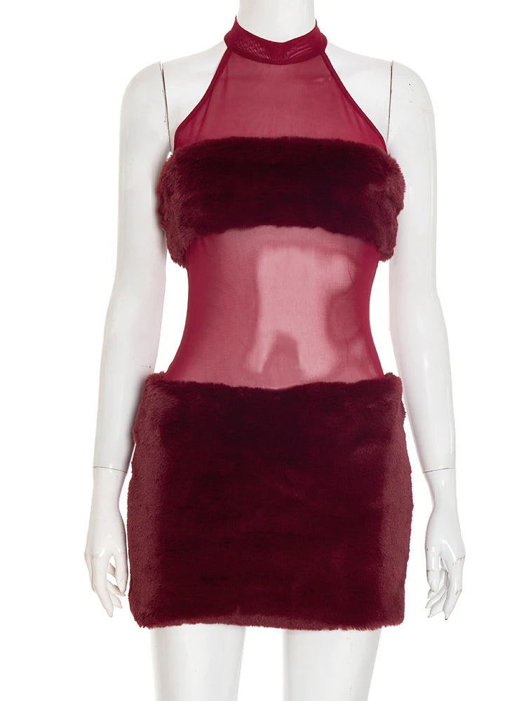 Furry Patchwork Sexy Dress Women Backless Sleeveless Hipster Midnight Clubwear Skinny Coquette Vacation Mini Bodycon