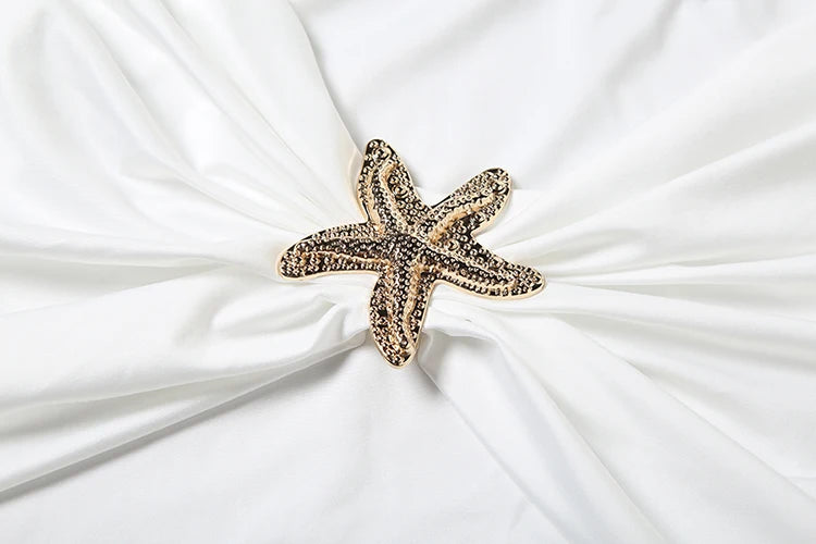 Metal Starfish Decoration 2 Piece Set Women Slash Neck Backless Crop Tops+Ruched Mini Skirt Street Elegant Style Suit