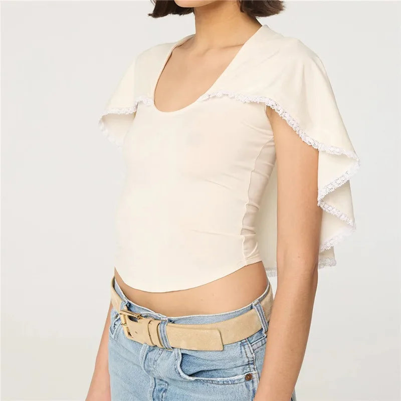Coquette Style Lace Trim Cape Top Sleeveless U-Neck Slim Fit Cropped Blouse Y2K Vintage Aesthetic Women's Top