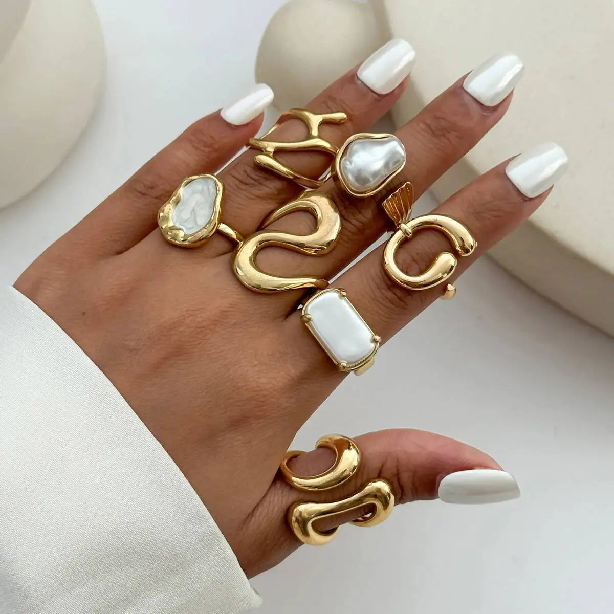 7Pcs Elegant Imitation Pearl Open Ring Set for Women Trendy Geometric Irregular Adjustable Knuckle Ring Jewelry Accessory