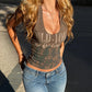 Hottie Letter Print Tank Top Women Autumn Trend Backless Haler Low-Neck Metal Hollow Patchwork Fashion Street Vest