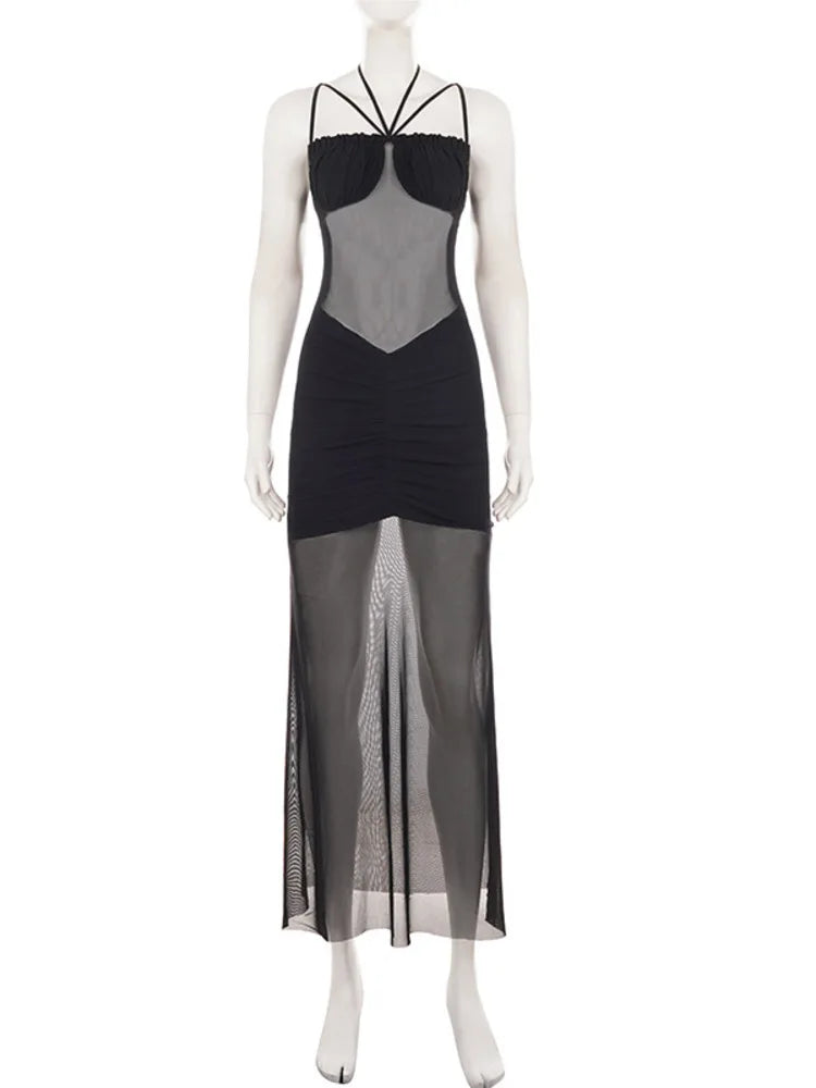 Women Mesh Sheer Sexy Maxi Dress Spaghetti Strap Halter Neck Cutout See‑Through Bodycon Evening Party Long Dresses