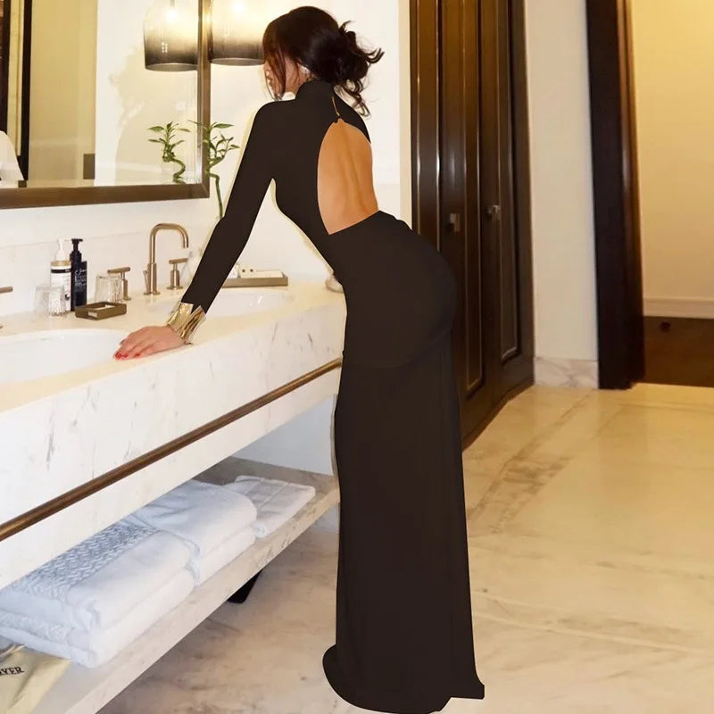 Long Sleeve Ruched Backless Fishtail Maxi Dress Sexy Elegant White Evening Gown Fall Winter Party Dresses