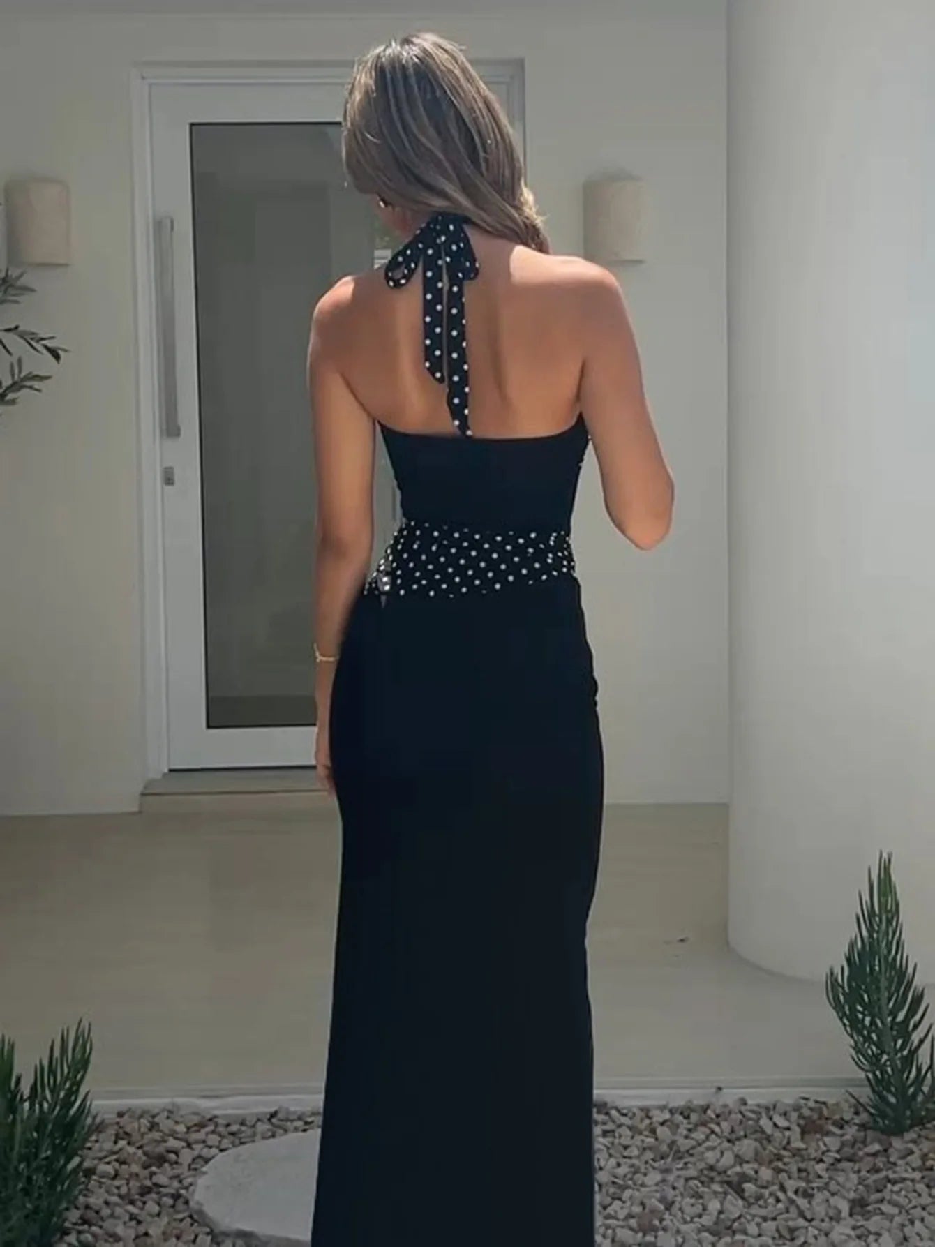 Black Polka Dot Print Halter Backless Maxi Dress 2026 Summer Classic Dresses for Woman Elegant