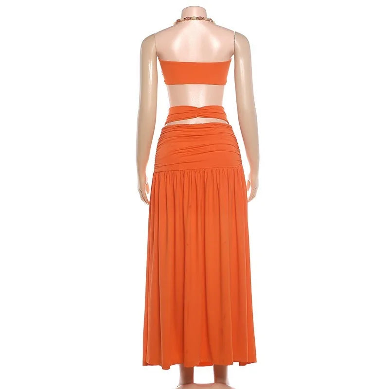 Orange Two Piece Set Beaded Halter Top and Cut Out Pleated Maxi Skirt Vacation Outfits Woman 2026 Luxury