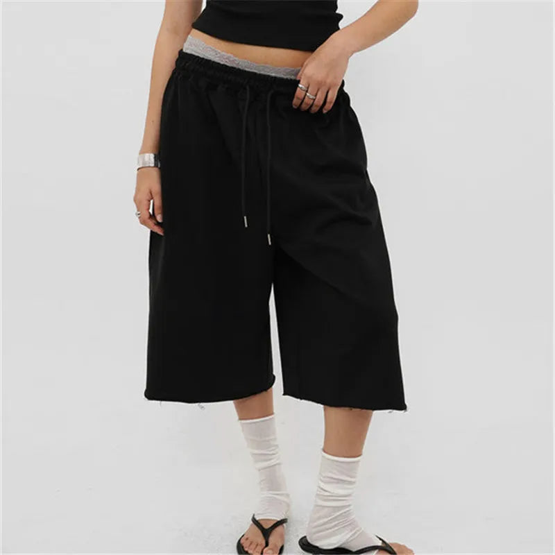 Ladies Raw Edge Bermuda Sweat Pants Elastic Drawstring Waist Loose Wide Leg Casual Knee Length Capri Jogger Trousers