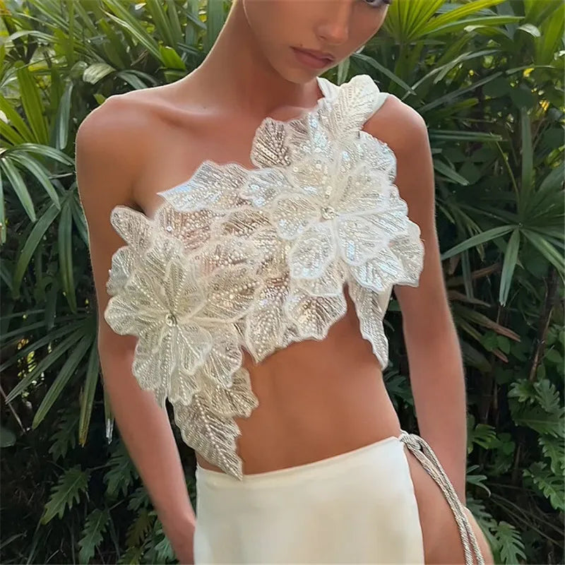 Women Sexy Beach Vacation y2k Chic Skew Collar Tank Tops Sequin Flowers Lace Up Crop Tops Summer Lady Vacation Camisole