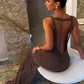 Sexy Hollow Backless Dress Women Fashion Sequin Applique Swing Collar Sleeveless Elegant Evening Party Club Bodycon