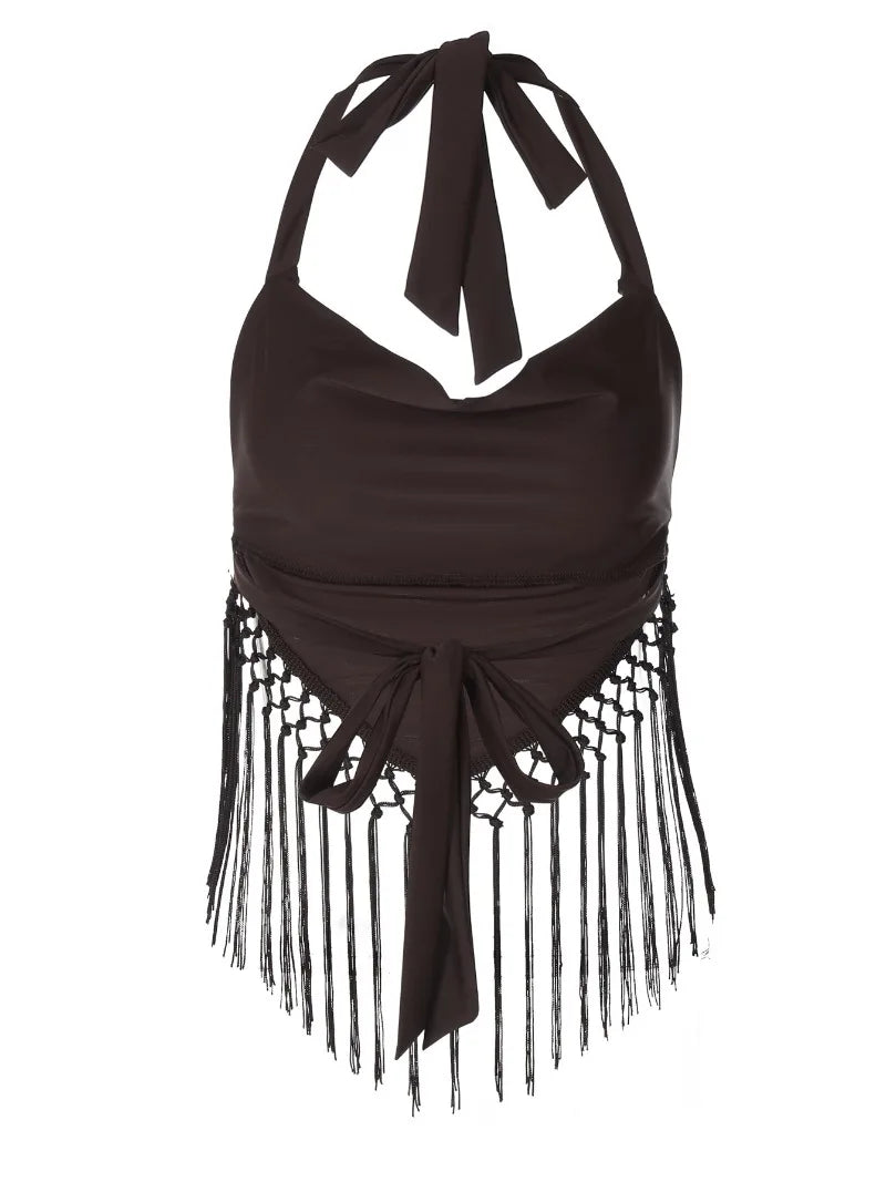 Lace Up Tassel Backless Crop Tops Streetwear Woman Clothing Sexy Summer Halter Top Club Wear