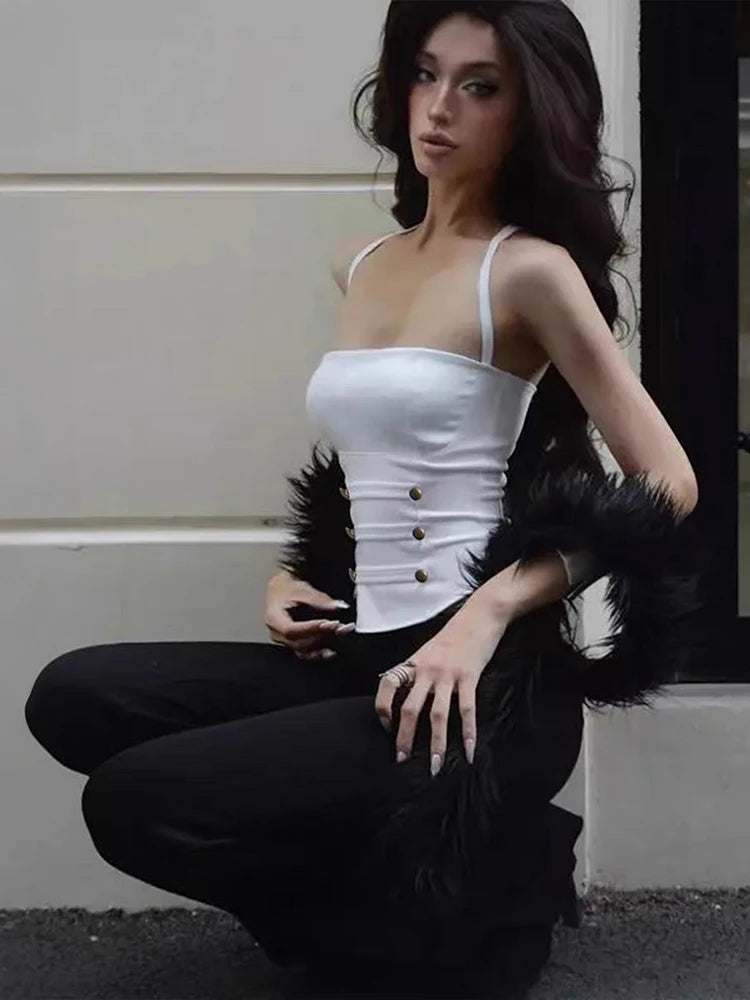 Simple Button Patchwork Tank Top Women Hottie Trend Square Collar Halter Backless Fashion Chic Midnight Street Vest