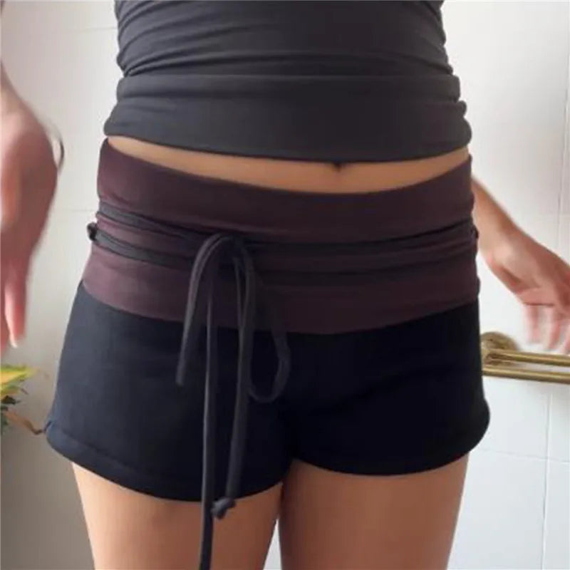 Y2K Women Fold Over Waist Sweat Shorts Low Rise Drawstring Color Block Mini Shorts Summer Casual Streetwear