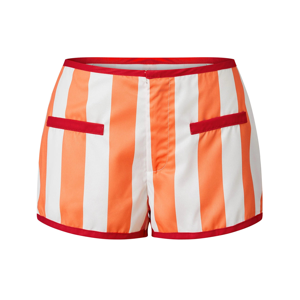 Retro Y2K Women Vertical Striped Low Rise Hot Pants Contrast Color Edge Fake Pockets Front Zip Slim Fit Mini Shorts