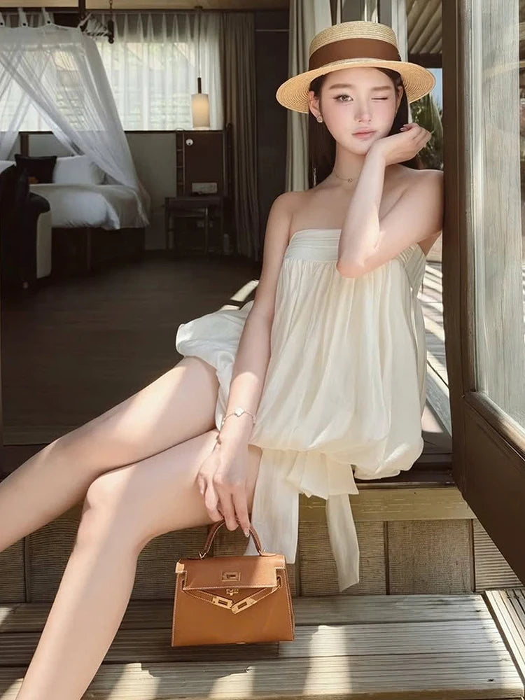 Folds Dress Women Bandage Tassel Chest Wrap Sleeveless Solid Summer Fashion Classic Elegant Party Chic Mini Bodycon
