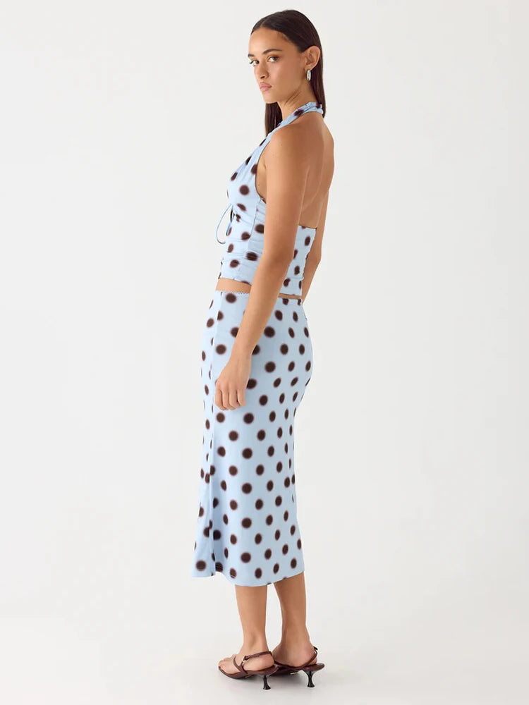 Polka Dot Halter Top And Skirt Set Women Blue Drawstring Ruched Two Piece Midi Dress Sleeveless Backless Dress Set