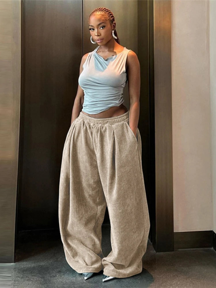 Corduroy Street Wear Pants Elastic High Waisted Wide Leg Trousers Womens Clothing Baggy Winter Sweatpants