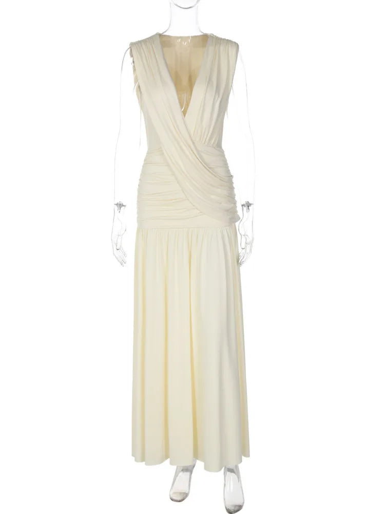 Elegant Deep V Neck Sexy Maxi Dress Women Fashion Sleeveless Draped Ruched Waist Bodycon Club Party Long Dresses Female