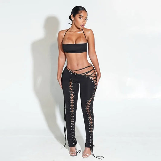 Hollow Bandage 2 Pieces Set for Woman Sexy Clubwear Rave Outfits Festival Halter Top and Leggings Pants Suits