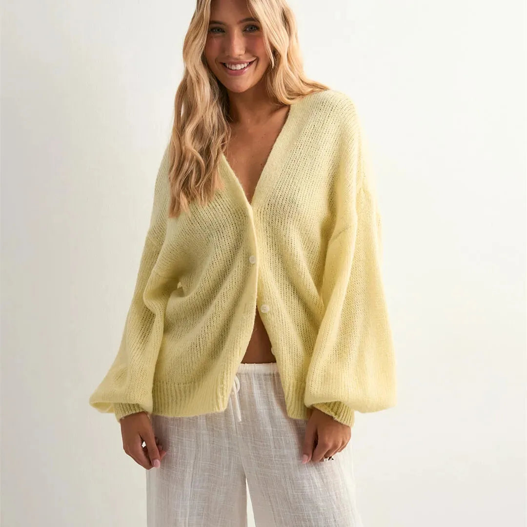 Women's Solid Color Knit Cardigan Autumn V-Neck Fuzzy Long Sleeve Button Front Closure Sweaters Winter Casual Knitwear