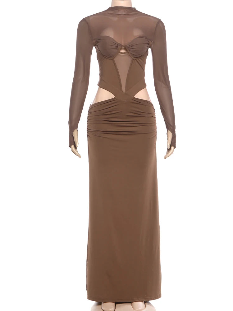 Patchwork Maxi Dress Women Waistless o-Neck Folds See Through Skinny Autumn Trend Elegant Banquet Chic Classic Vestidos