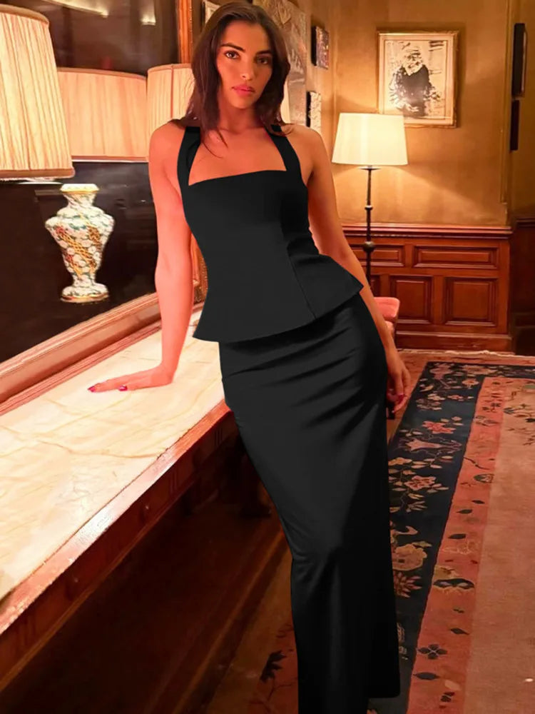 Backless Sexy 2 Piece Sets Women Solid Square Collar Halter Tops And Long Skirt Female Slim Fit Club Two Piece Sets