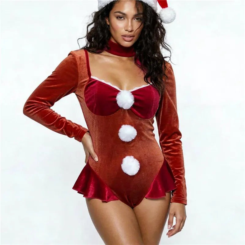Women Santa Claus Cosplay Outfit Velvet Long Sleeve Backless Bodysuit Pom Pom Decor Ruffle Hem Christmas Party Costume