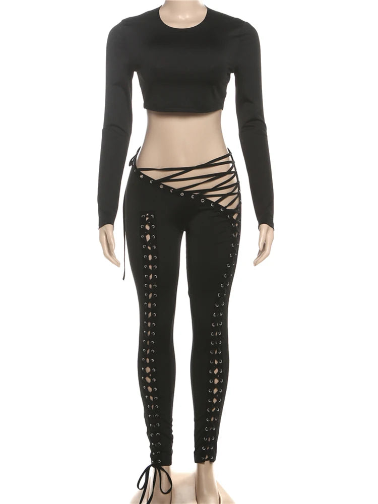 Sexy Women 2 Piece Set Casual Tracksuit Full Fall Crop Tops+Shirring Irregular Pants Stretch Streetwear Skinny Suits