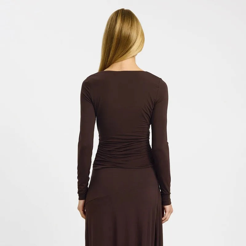 Deep V Neck Ruched Long Sleeve Tops Fall 2026 Fashion Brown Fitted T Shirts Woman Clothing