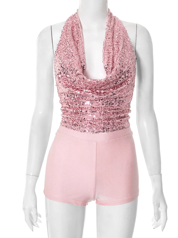 Sequins 2 Piece Set Women Y2K Hipster Halter Bandage Swing Collar Tank Tops+Shorts Matching Street Skinny Outfits