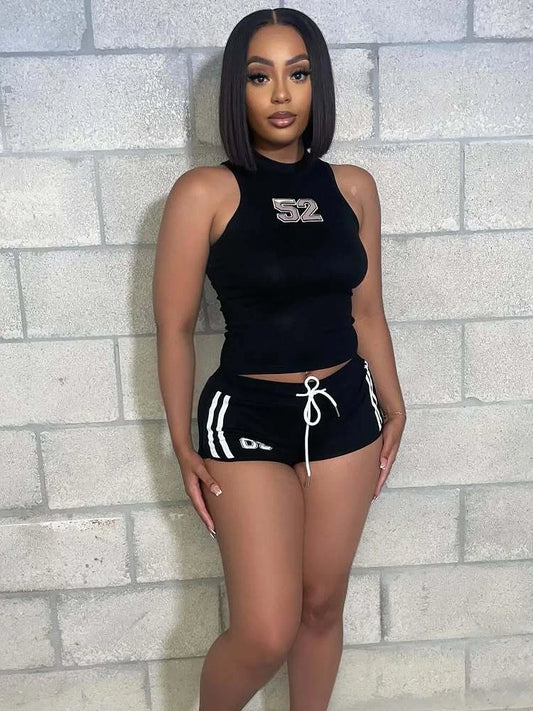 Tracksuit Sporty 2 Piece Set Women Patchwork Number Print Tank Tops+Drawstring Shorts Casual Simple Street Outfits