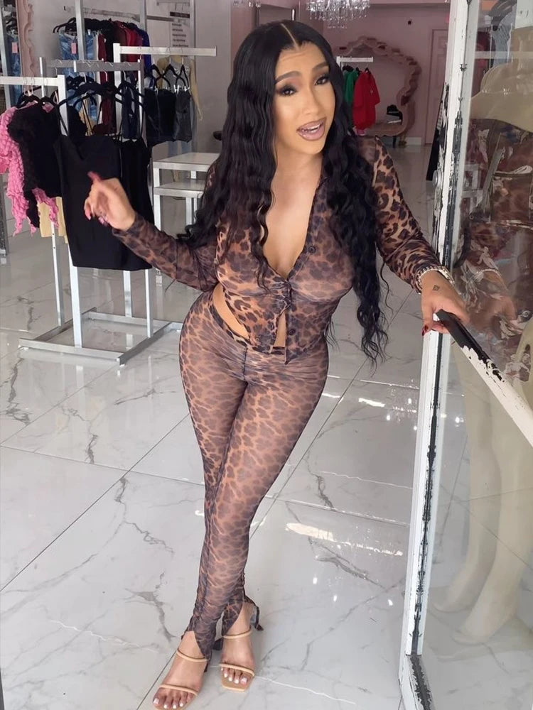 Sexy Wild See Through 2 Piece Set Women Leopard Print Bandage Crop Top+Leggings Matching Midnight Party Clubwear Outfits