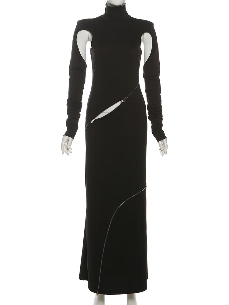 Sexy Irregular Hollow Dress Women Asymmetrical Zip New Style Trend Fashion Elegant Stretch Skinny Street Maxi Bodycon