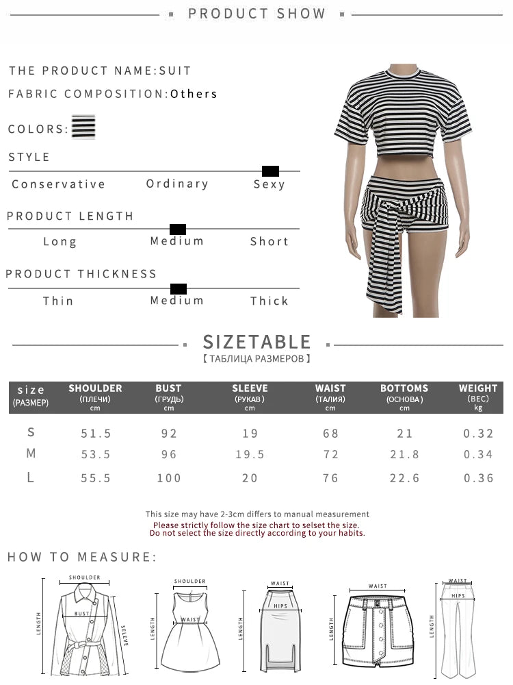 Stripe Print 2 Piece Set Woman o-Neck Half Sleeve Crop Tops+Bandage Taseel Mini Shorts High Street Fashion Outfits