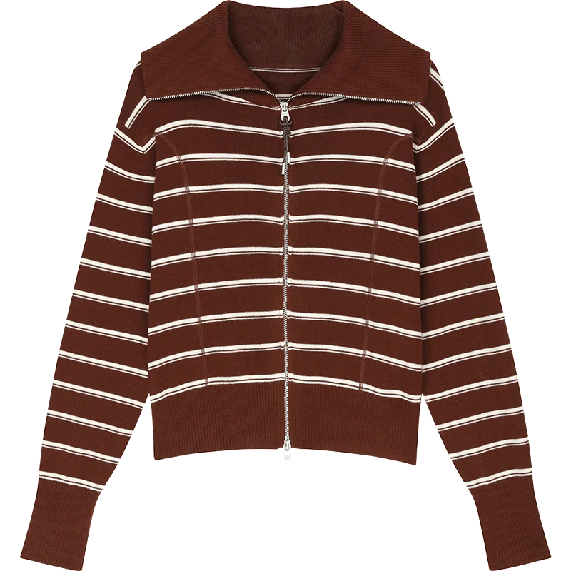 2025 Autumn New Arrivals Casual Classic Soft Navy Collar Silver Zipper Striped Knitted Cardigan For Woman