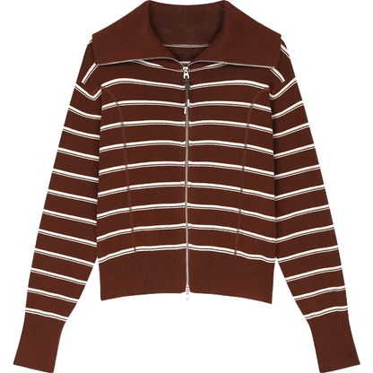 2025 Autumn New Arrivals Casual Classic Soft Navy Collar Silver Zipper Striped Knitted Cardigan For Woman