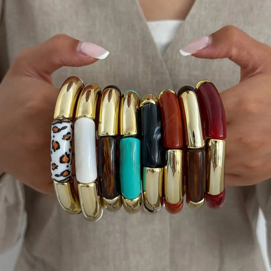 8 Styles Vintage Resin Round Tube Elastic Bracelet for Women Bohemian Stackable Acrylic Bracelet Bangle Party Jewelry New