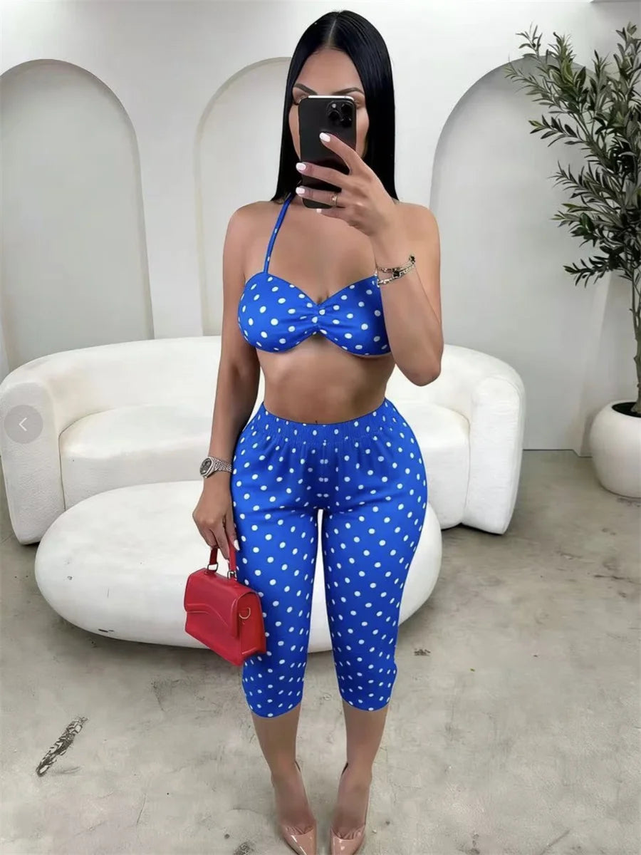 Wild Vacation 2 Piece Set Women Polka Dot Print Halter Tank Tops+Bike Shorts Stretch Matching Street Party Outfits
