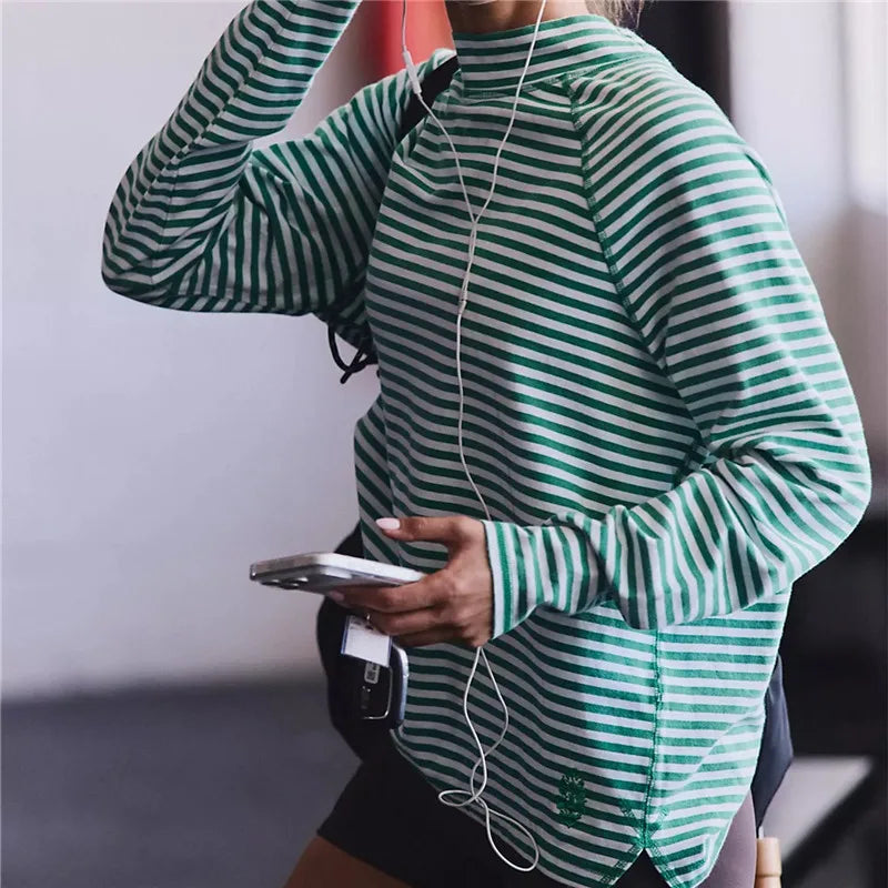 Y2K Women Mock Neck Striped Long Sleeve Top Raglan Oversized T Shirt Casual Outdoor Workout Sportswear with Side Slit