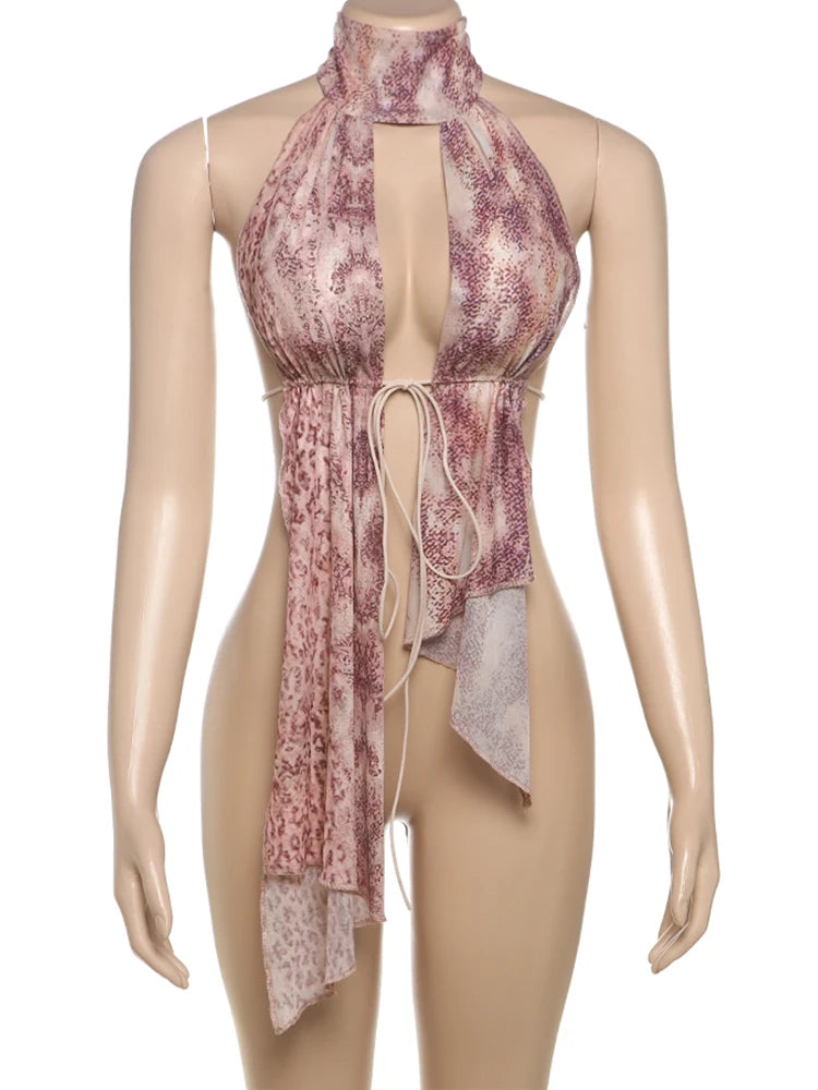 Leopard Print Backless Camisole Women Y2K Sexy Shirring Ruched Halter Sleeveless Elegant Party Summer Trend Slim Vest