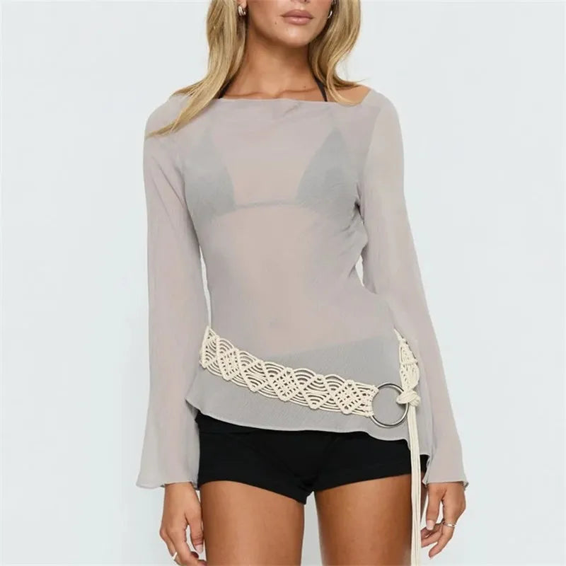 Women's Sheer Mesh Cover Up Top Long Flare Sleeve Backless Tie Open Back Asymmetrical Hem Beachwear Blouse