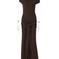 Hollow Out Short Sleeve Sexy Maxi Dress Women Brown Turtleneck Draped Ruched Bodycon Club Party Long Dresses Female