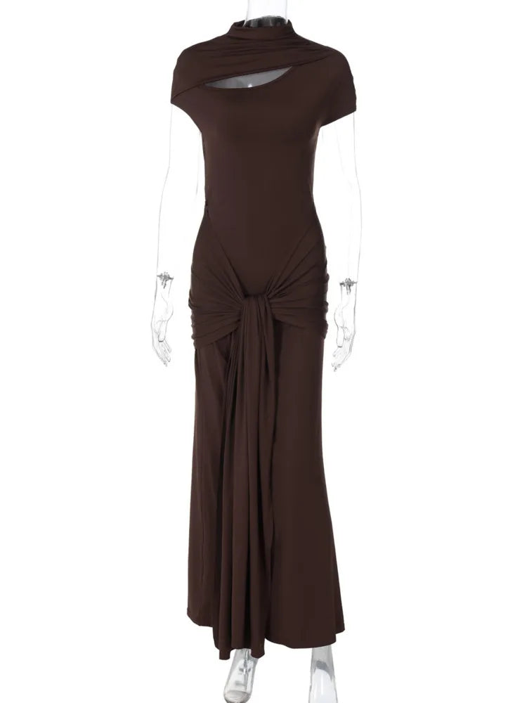 Hollow Out Short Sleeve Sexy Maxi Dress Women Brown Turtleneck Draped Ruched Bodycon Club Party Long Dresses Female