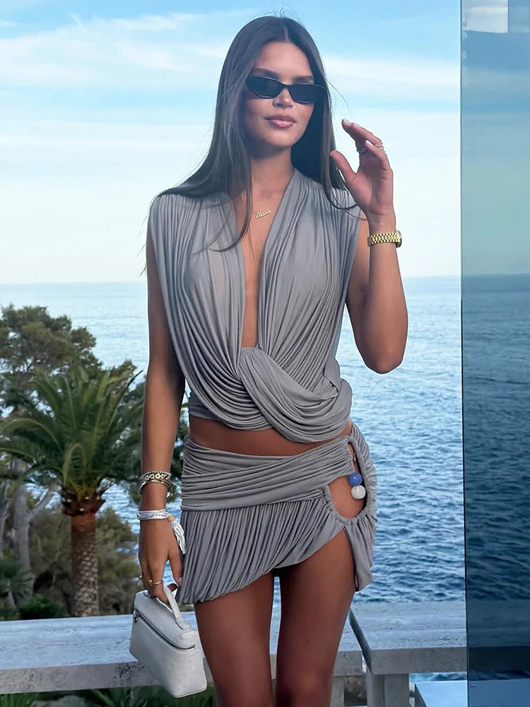 Sexy Fashion 2 Piece Set Woman Ruched Swing Collar Backless Crop Tops+Beads Decoration Mini Skirts Elegant Outfits